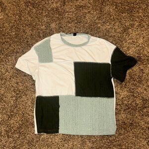 SHEIN Patchwork Short Sleeve Tee in White, Black, and Light Blue